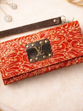 Upcycled Wallet w/ Authentic Louis Vuitton LV Patch Red Tooled Leather